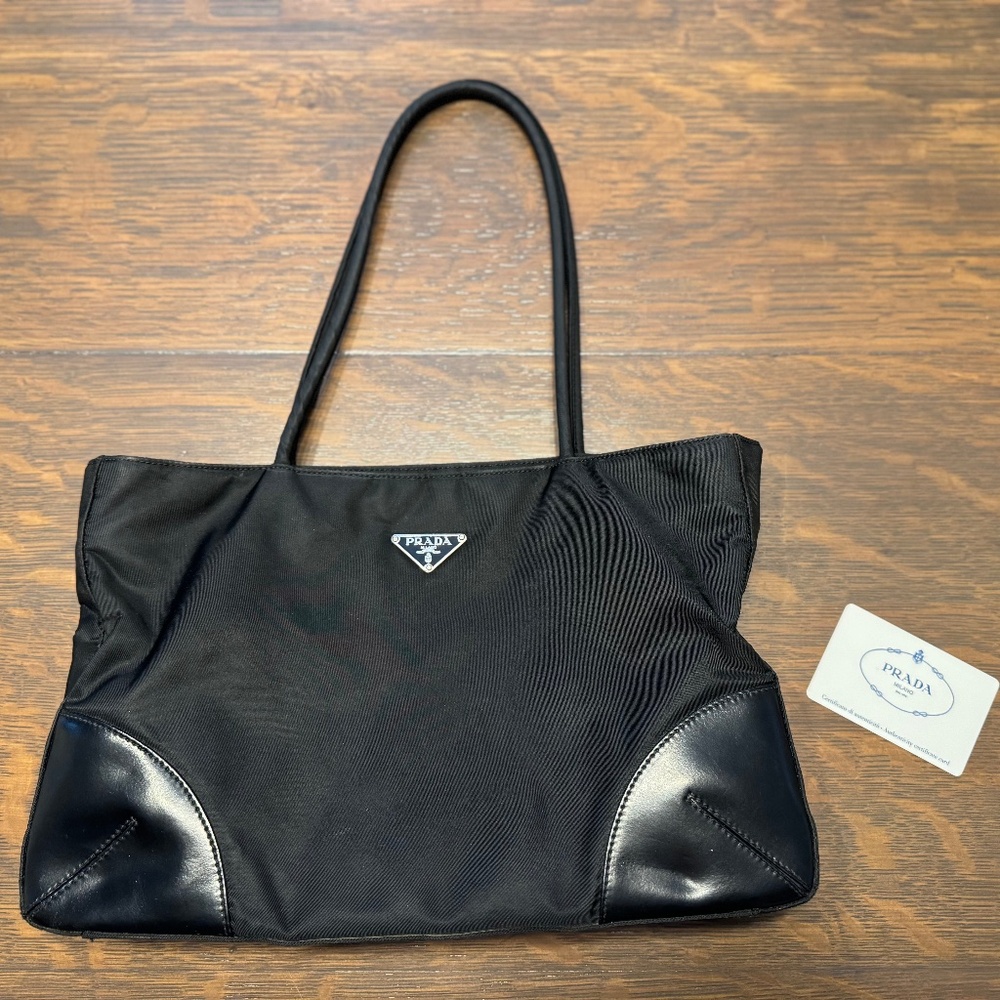 Prada Tessuto East Tote BR1042 Black Nylon Leather Corners - Authentic Vintage
